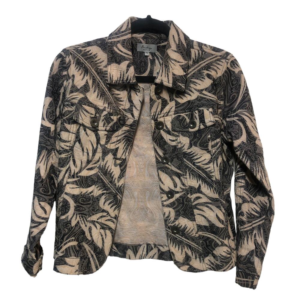Artful Indigo Palm Leaf‎ Floral Print Denim Jacket Small Jean Coat